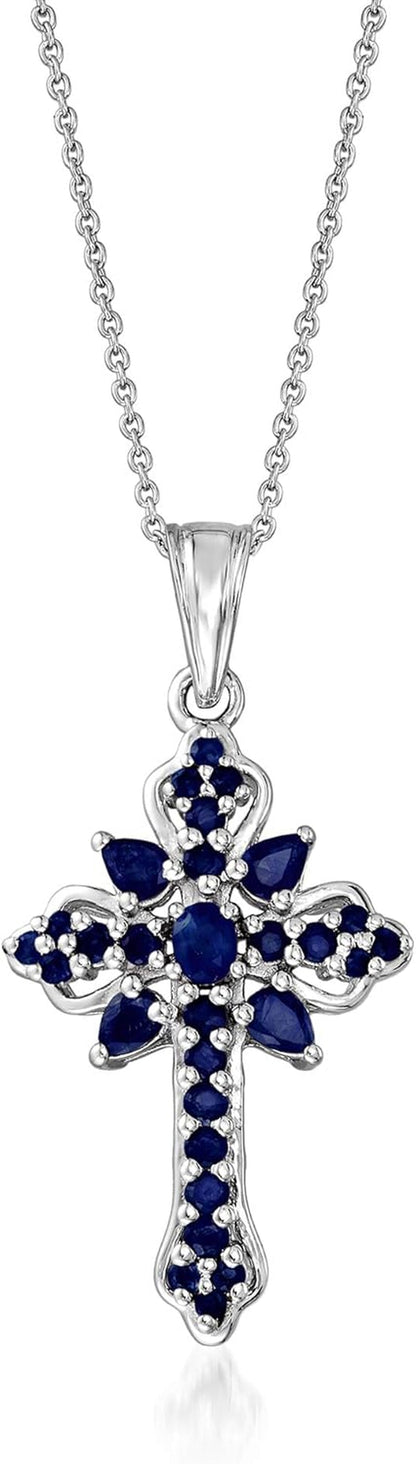1.42 Ct. T.W. Sapphire Cross Pendant Necklace in Sterling Silver. 18 Inches