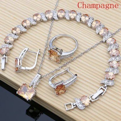 6 Colors Choice Gemstone Beads 925 Silver Jewelry Sets Sapphire Garnet Emerald Topaz Ruby Jewelry Set for Women