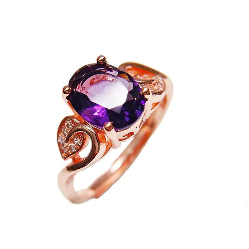 Fashion Amethyst Flower Pendant Necklace Water Drop Cubic Ziconia Earrings Four Leaf Clover Bracelet Double Heart Open-End Ring Jewelry Set For Women Gift