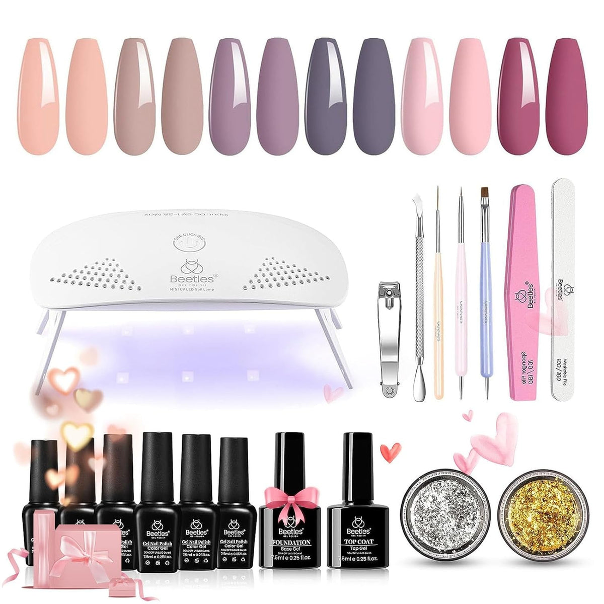 Beetles Purple Burgundy Red Gel Nail Polish Kit with Uv Light 48W LED Nail Lamp Dryer Spring Colors Neutral Gel Polish Starter Kit Peach Pink Manicure Set Soak off Gel Polish Skin Tone Gifts for Women