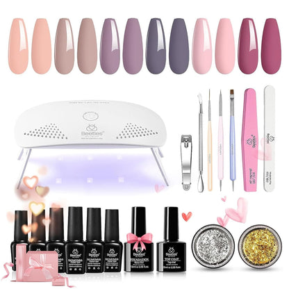 Beetles Purple Burgundy Red Gel Nail Polish Kit with Uv Light 48W LED Nail Lamp Dryer Spring Colors Neutral Gel Polish Starter Kit Peach Pink Manicure Set Soak off Gel Polish Skin Tone Gifts for Women