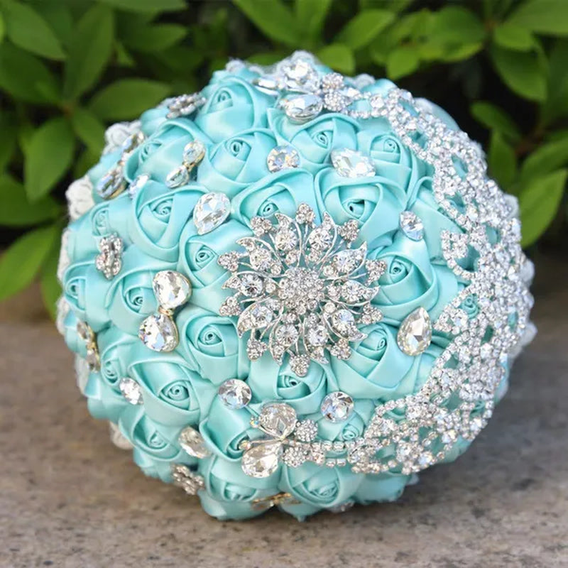 18CM Luxury Crystal Brooch Bride Bouquet Holding Flower Ribbon Lace Wedding Bouquet Artificial Simulation Rose Wedding Flower Bridesmaid Bouquet