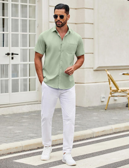 Mens Short Sleeve Casual Button down Shirts Summer Untucked Dress Shirts with Pocket