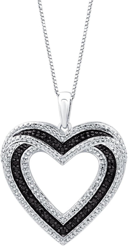 Sterling Silver Necklace with Natural Round-Cut Black Diamond and Heart Shaped Pendant, 18-Inch White Silver Chain, 1/4 Carat Total Weight Diamonds, Elegant Gift Box Included