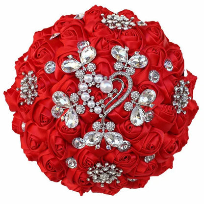 18CM Butterfly Love Diamond Brooch Bridal Bouquet Ribbon Silk Rose Wedding Simulation Flower Bouquet Handmade Bridesmaid Holding Flowers
