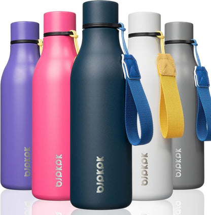 Insulated Water Bottles, 18 Oz Stainless Steel Metal Water Bottle with Strap, BPA Free Leak Proof Thermos, Mugs, Flasks, Reusable Water Bottle for Sports & Travel, Navy Blue