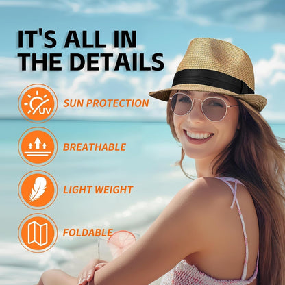 Straw Fedora Hat for Women Men Packable Short Brim Roll up Trilby Hat Panama Summer Beach Sun Hat UPF 50+