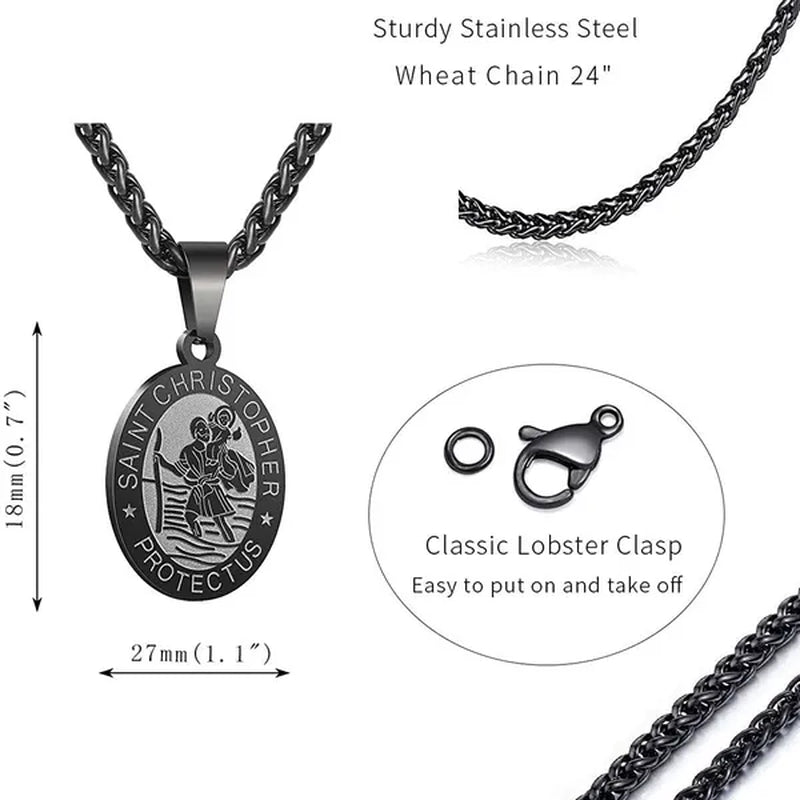 Religious Catholicism Amulet Oval Saint Christopher Necklace for Men Women, 316L Stainless Titanium Steel Catholic Patron Saint of Travellers St Christopher Pendant with Chain 23.6 Inches Black / Silver / Gold