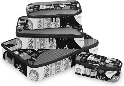 Seamless Retro Russian Cat Snowflakes on Black Happy New Year 4 Pcs Set Packing Bags, Luggage Organizer Bag, Portable Cube Toiletry Bag, Durable Travel Cosmetic Storage Bag for Men Women