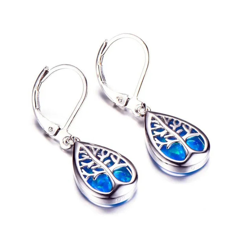 Luxurious Fashion 925 Sterling Silver Filled Life Tree Drop Earrings for Women Water Drop Stone Blue Fire Opal Birthstone Earrings