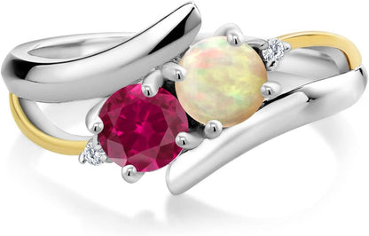 925 Sterling Silver & 10K Yellow Gold round Cabochon White Ethiopian Opal Red Created Ruby & Lab Grown Diamond Women Ring (1.32 Cttw, Available in Size 5, 6, 7, 8, 9)