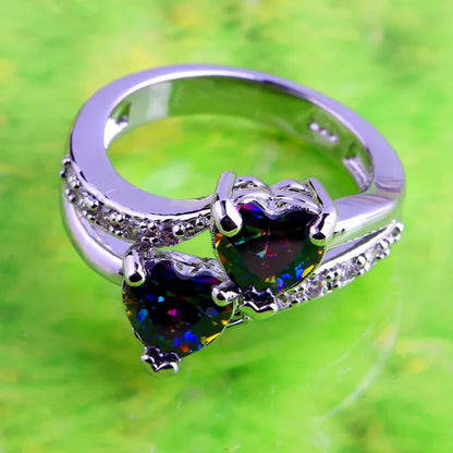 Fashion Lover Jewelry Heart Cut Rainbow & White Topaz Gemstone Silver Ring Size 5 6 7 8 9 10 11 12 13 HANNAH MARTIN