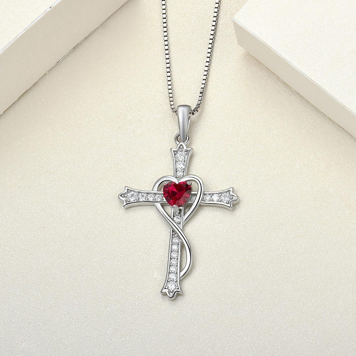 Heart Cross Necklace 925 Sterling Silver Birthstone Twisted Pendant Jewelry for Women
