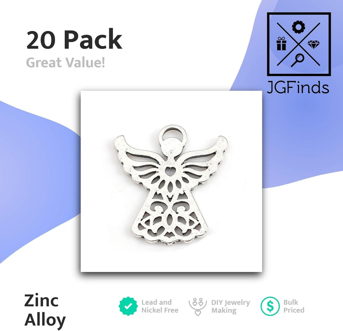 Angel Charm Pendants - 20 Pack of Silver Tone Religious DIY Jewelry Making Supplies (Heart Center)