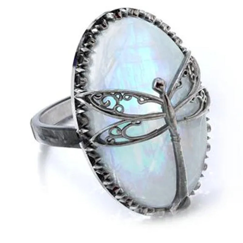 Antique Silver Dragonfly Ring Women's Vintage Big Moonstone Murdoch Diamond Dragonfly Ring Anniversary Gift Engagement Party Wedding Jewelry Rings Size 5-10