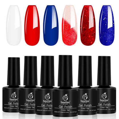 Beetles Gel Nail Polish Set, 6 Retro Colors Old School Collection Soak Off UV Gel Polish Red Yellow Blue Orange Green Gel Polish Nail Art Design Spring Manicure Kit Salon DIY Gifts for Women Girls