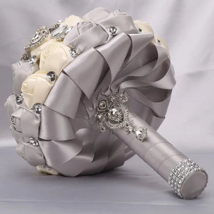 21CM Shiny Silver Rhinestone Brooch Bridal Bouquet Handmade Silk Rose Ribbon Diamond Wedding Flower Bouquet Bridesmaid Holding Flowers