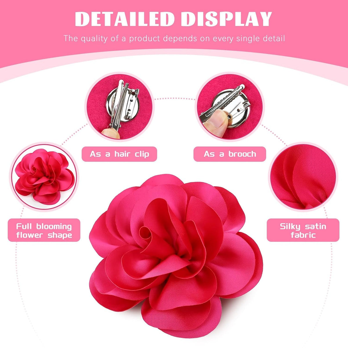 8 Pack Decorative 13Cm/5" Big Silky Satin Flower Brooch Pins Duckbill Alligator Hair Clips Barrettes Floral Hair Pins Accessories for Women Girls Teens Kids