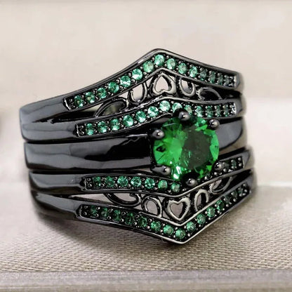 Sz6-12 Couple Rings Green Fiber Cz Titanium Steel Mens Wedding Bands Black Gold Filled Emerald Womens Wedding Ring Sets