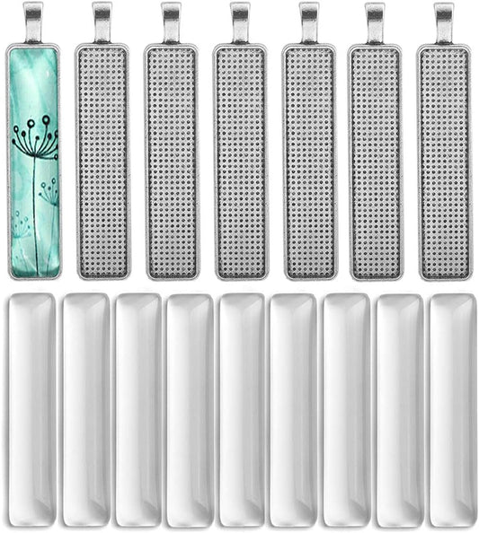 60Pcs Pendant Tray Bezel Setting Kit-30Pcs Rectangle Cabochon Settings and 30Pcs Rectangle Clear Glass Cabochon Dome Tiles Cameo for DIY Jewelry Making Antique Silver