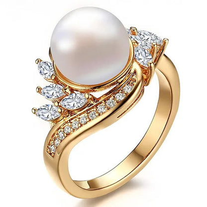 Gold Womens Girls Band Ring for Wedding Promise Engagement Copper Cubic Zirconia Freshwater Cultured Pearl Ring Size 5-12