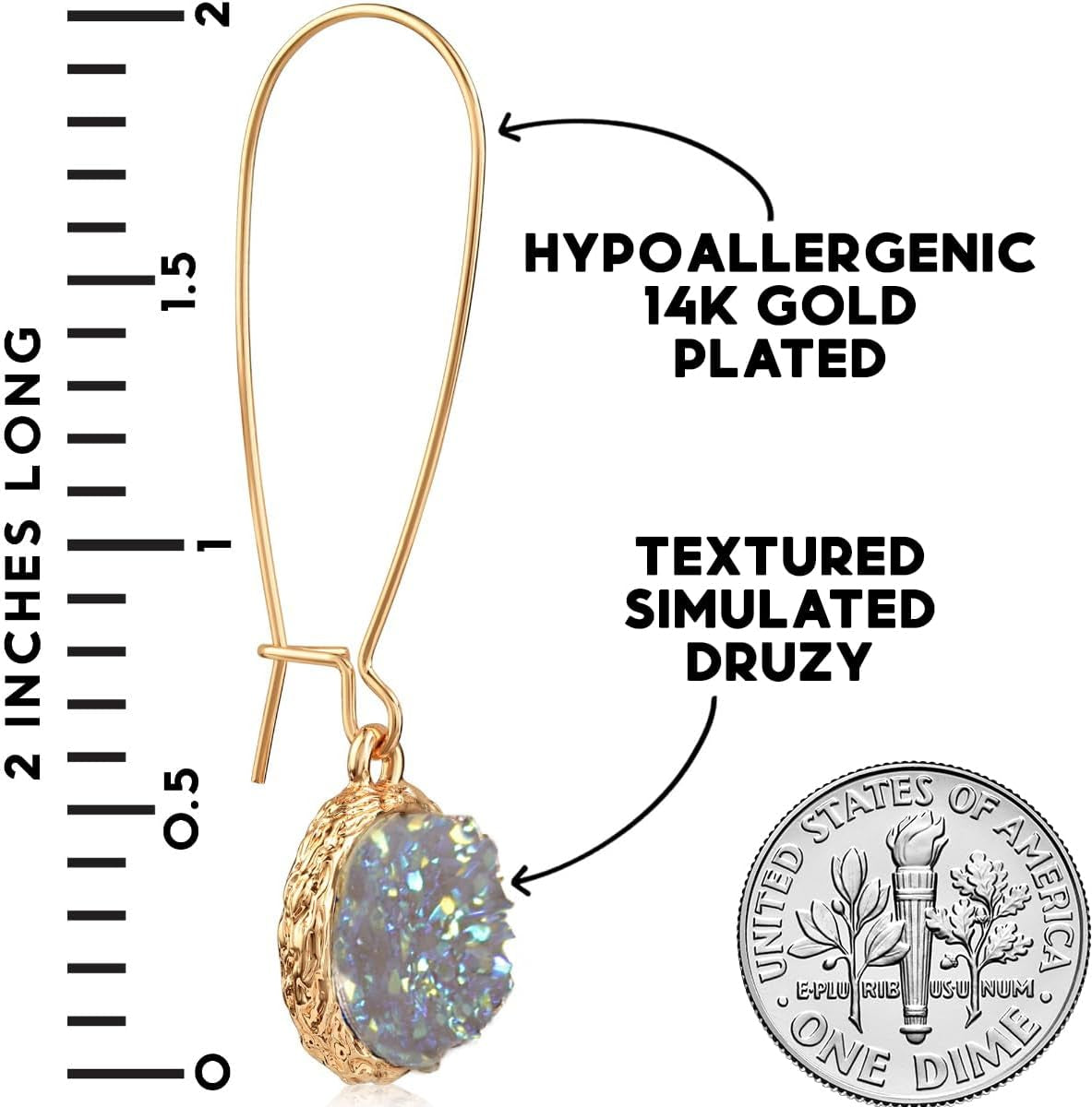 Humble Chic Simulated Druzy Threader Drop Earrings for Women - Gold, Silver, or Rose Gold Tone Trendy Boho Dangles with Sparkly round Stone