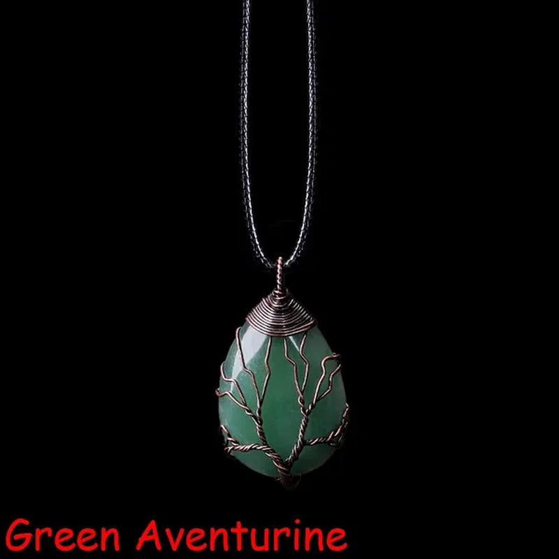 Vintage Natural Gemtone Crystal Amethyst Rose Quartz Tiger Eye Stone Water Drop Tree of Life Pendant Necklace for Women Men Jewelry
