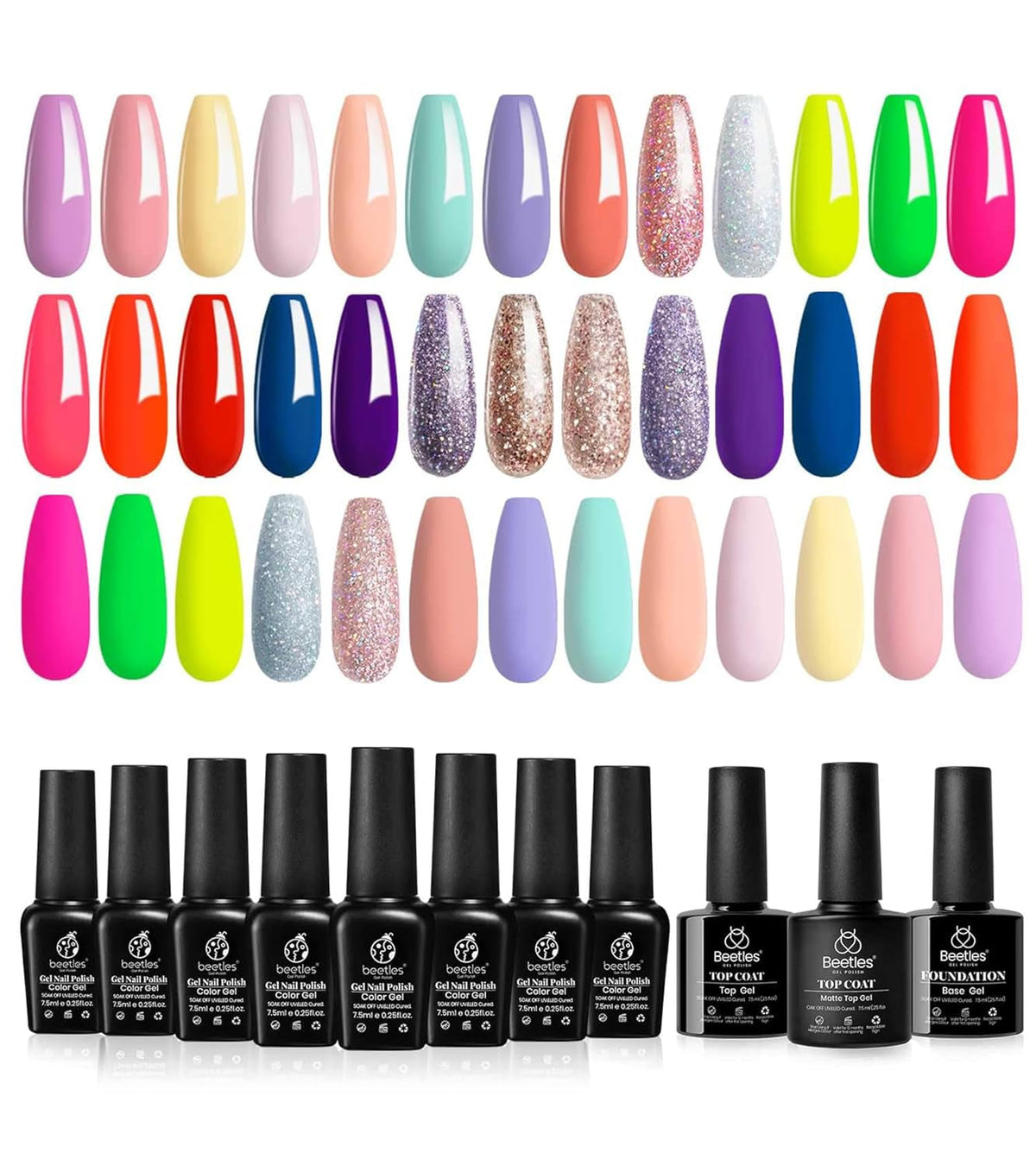 Beetles 23Pcs Gel Nail Polish Kit with Glossy Matte Top Coat and Base Coat Girls Night Collection White Nude Gray Glitters Gel Nail Polish Set U V Soak Off Holiday Manicure for Women Girls