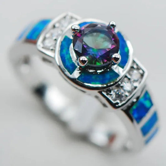 Rainbow Topaz Blue Opal 925 Sterling Silver Fashion Ring Size 6 7 8 9 10 R1321