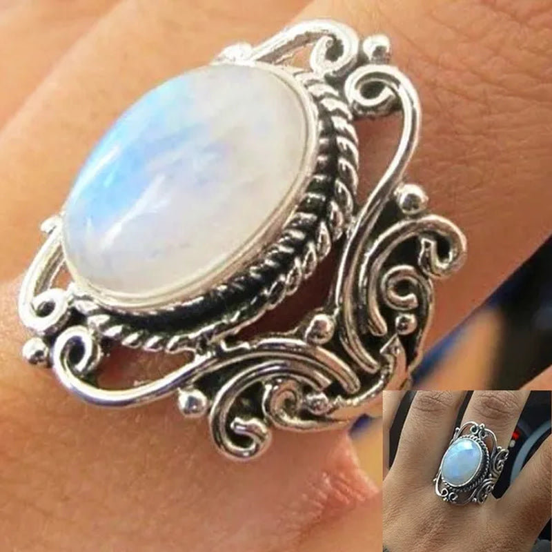 Large Antique Jewelry Moonstone Ring Birthstone Anniversary Bride Wedding Engagement Rings Size 6 - 10 Christmas Gift