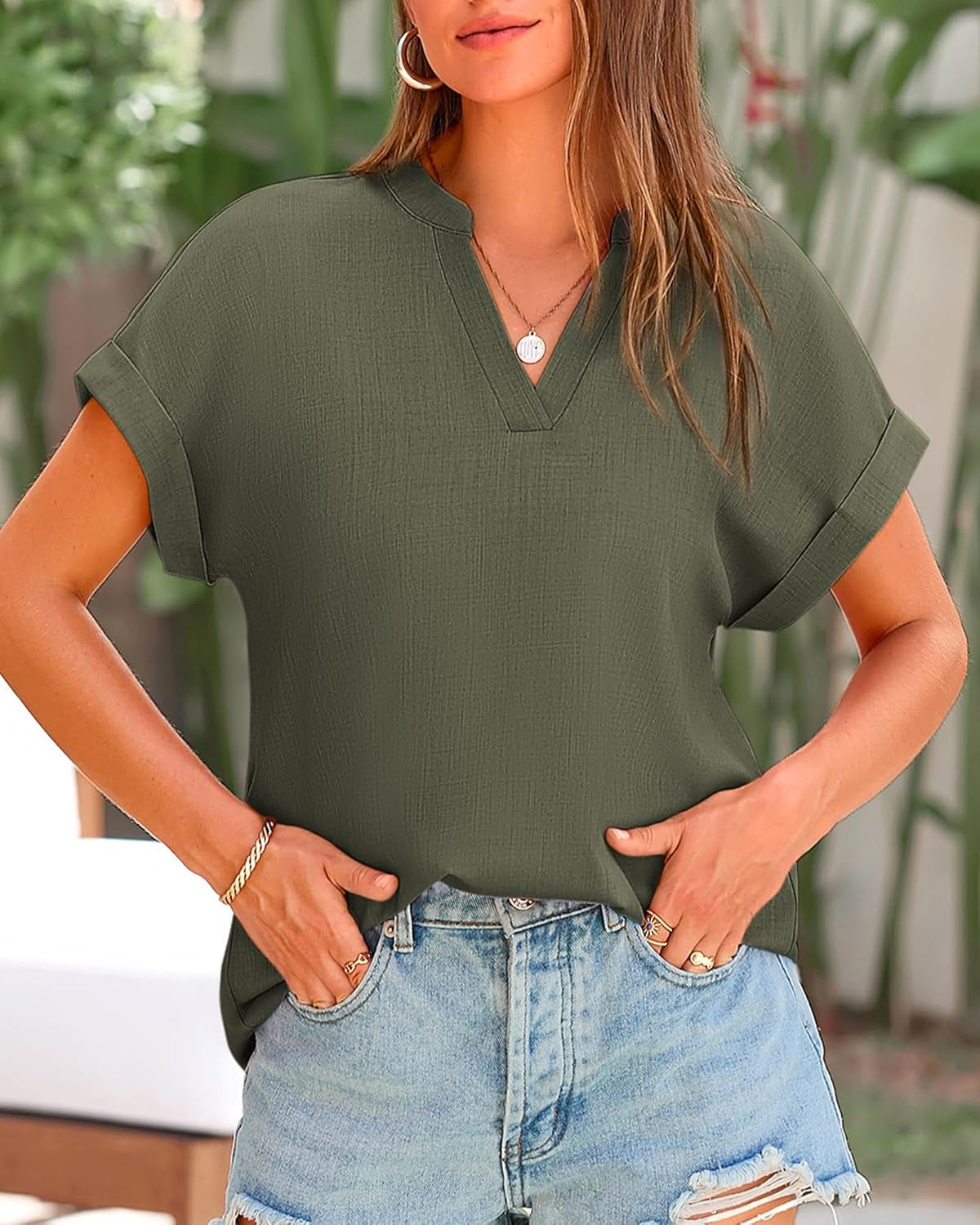 Womens Summer Tops 2025 V Neck Short Sleeve Tshirt Loose Flowy Tunics Solid Color Dressy Casual Blouse Shirts