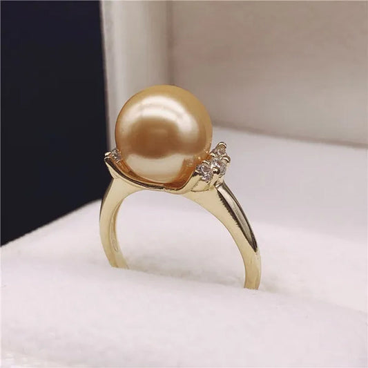 South Sea Gold Mother-of-Pearl Pearl Ring Bracelet Seawater Pearl Round 925 Sterling Silver Diamond Open Ring Female