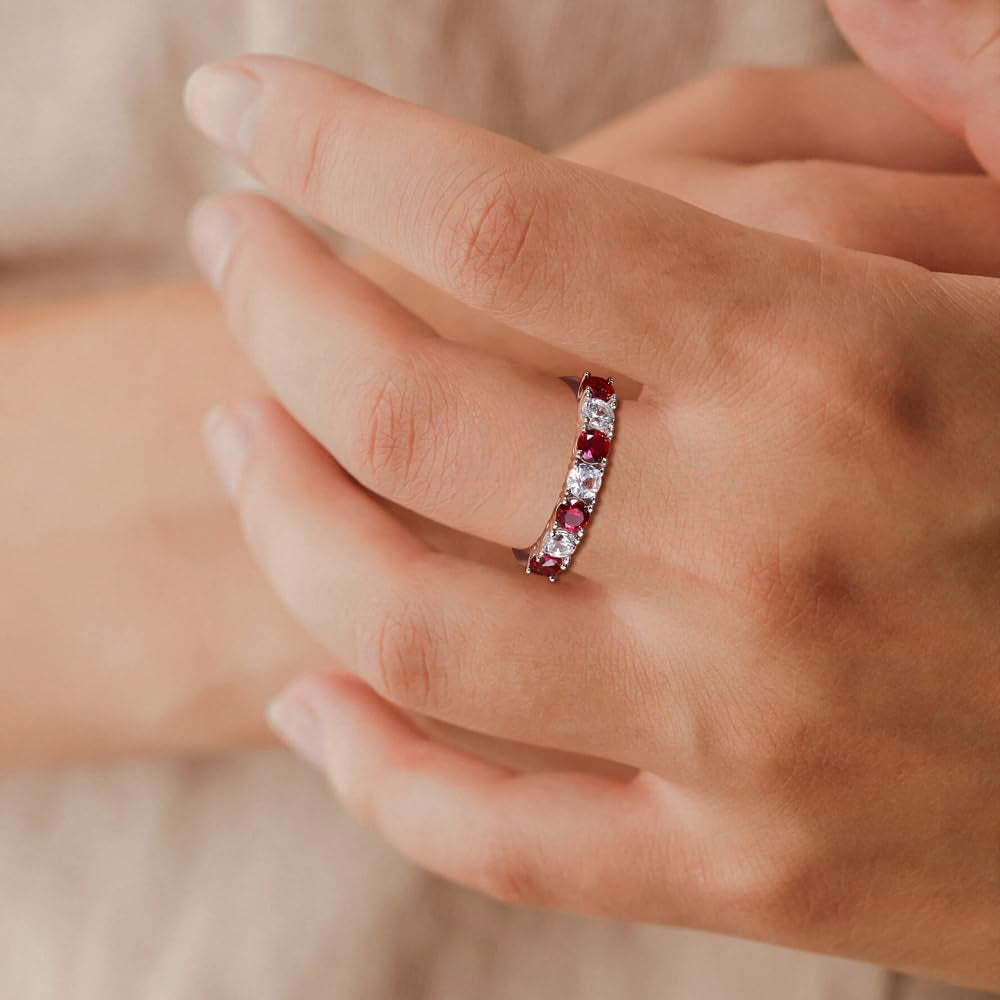 925 Sterling Silver Birthstone Rings for Women White Sapphire Created Gemstone Wedding Band Stackable Half Eternity 7 Stone Anniversary Ring Wife Mom Grandma Birthday Jewelry Size 6-10