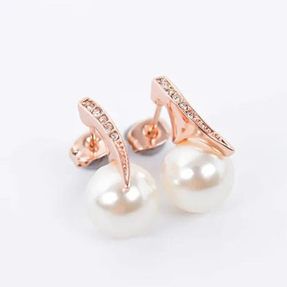 Crystal Wedding Jewelry Set Bride Rose Gold Crystal Faux Pearl Pendant Necklace Earrings