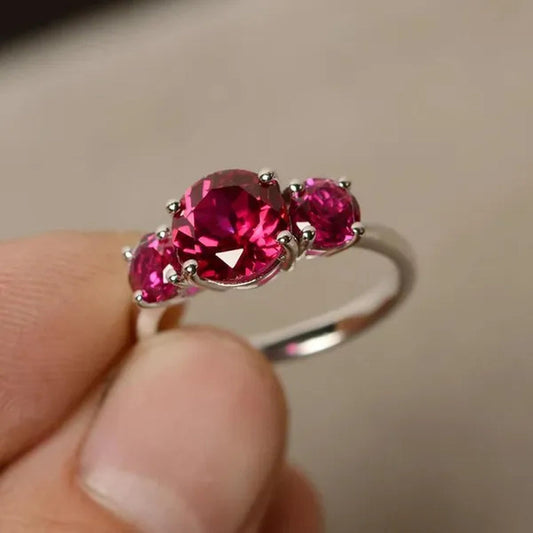 Ruby Ring Three Stone Zircon Ring Bride Engagement Wedding  Anniversary Silver Plated Ring