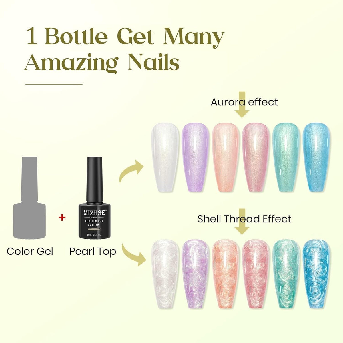 Pearl Top Coat Gel Nail Polish, Mermaid Glitter Nail Gel Polish 2-IN-1 Shiny Shell Thread Drawing Soak off UV LED Nail Gel for Nail Salon Home DIY Manicure 1PC 10Ml