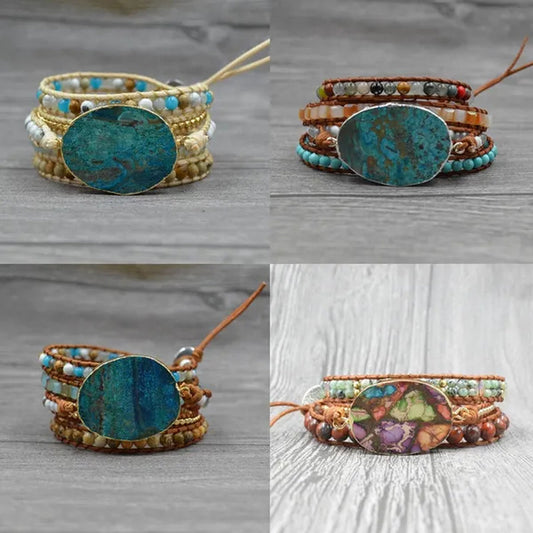 Vintage Boho Handmade Turquoise Charm Natural Stone Beads Bracelets Adjustable Wrap Leather Bracelet Jewelry
