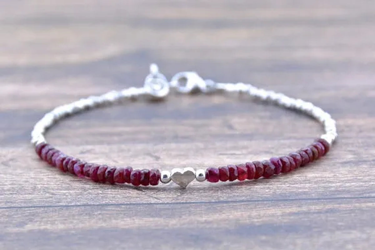 Ruby Bracelet Silver Heart Charm Beaded Friendship Bracelet Red Gemstone Bracelet