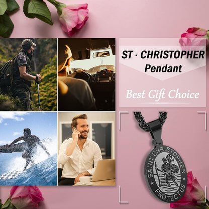 Oval Saint Christopher/Michael/Joseph/Virgin Mary/Florian/Jude Pendant Medal Necklace, Catholic Stainless Steel Wheat Chain 24 Inches