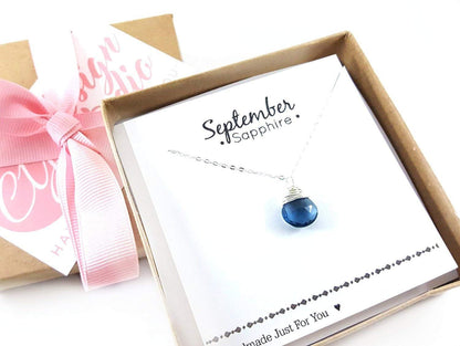 September Birthstone Sapphire Quartz Necklace - Sterling Silver Briolette Teardrop Jewelry - Gift for Her