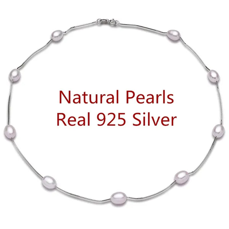 Real 925 Sterling Silver Natural White Ellipse Freshwater Pearl Chain Necklace for Women Gifts FEIGE