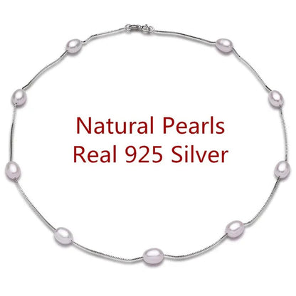Real 925 Sterling Silver Natural White Ellipse Freshwater Pearl Chain Necklace for Women Gifts FEIGE