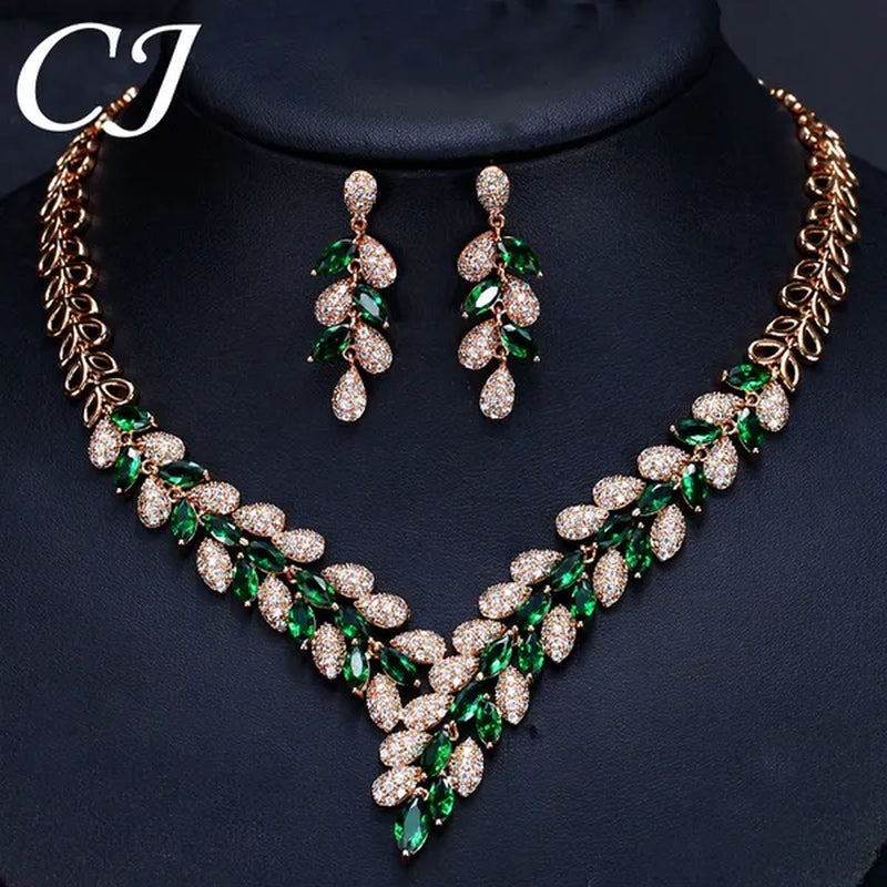 CANDICE High Quality Green Crystal Dubai Gold Plated Jewelry Sets Luxury CZ Stone African Necklace Earrings Wedding Set for Bridal Party