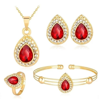 4 Pcs / Set of Luxury Sapphire Princess Crown Necklace Set European and American Bride Engagement Ring Earrings Pendant Beautiful 18K Rose Gold Diamond Wedding Jewelry Set