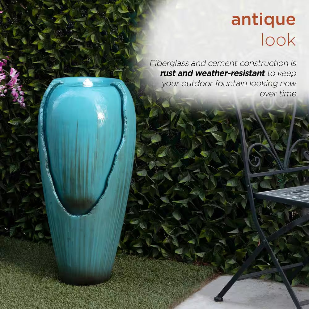 33 In. Tall Water Jar Fountain with LED Light, Turquoise