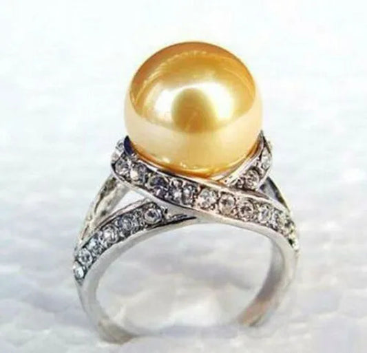 Yellow South Sea Shell Pearl White Gold Plated Cubic Zirconia Ring size: 6.7.8.9