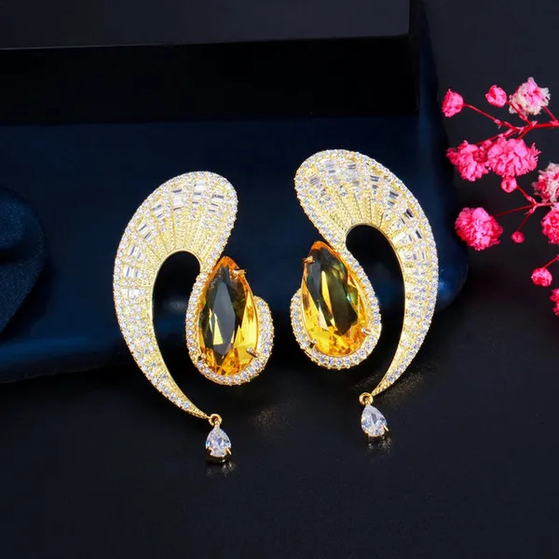 CANDICE Gorgeous 18K Gold Plated Inlay Pear Cut Citrine Stone Big Geometric Stud Earrings Jewelry for Female Dress Accessories