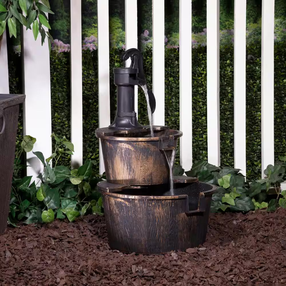 27 In. Tall 2-Tier Barrel and Pump Waterfall Fountain, Bronze Finish