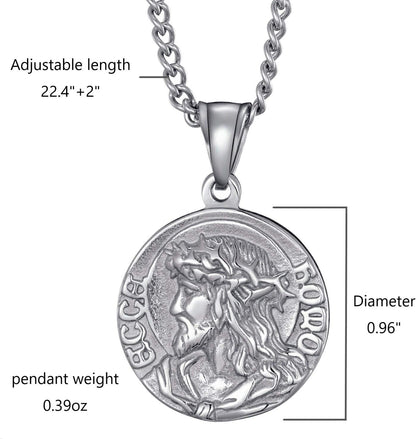 Mens Stainless Steel Crown of Thorns Head of Jesus Christ Pendant Necklace round Medal Prayer Coin Pendant with Link Chain