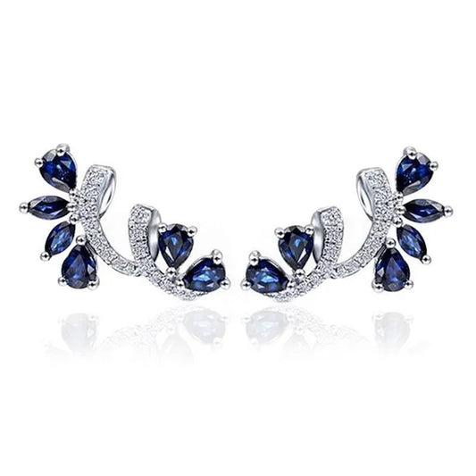 Trendy Women Climbing Earrings Cubic Zirconia Blue Sapphire Earrings Bridal Wedding Flower Earrings Valentine's Day Gift